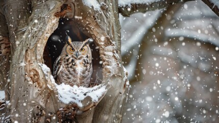 An owl perched protectively over its nest in a hollow tree, with the silent snowfall adding a layer of tranquility to this intimate family moment in the heart of the forest.