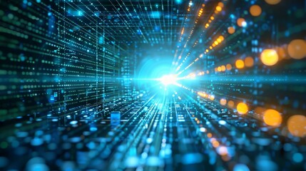 Abstract glowing digital data tunnel - High-tech image of a glowing digital tunnel with light trails representing data transmission