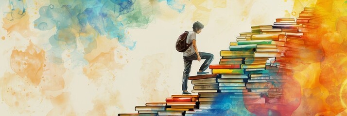 Wall Mural - Person climbing a staircase of books - A creative illustration of a person ascending a pile of books, symbolizing the pursuit of knowledge and education