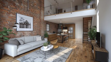 Industrial Loft Living Room. Stylish loft living room featuring exposed brick walls, modern furniture, and a mezzanine, blending industrial and contemporary design.