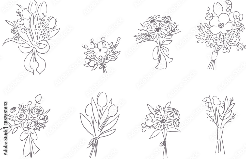 Image vectorielle Stock 線画の花束イラスト。花束のベクターイラスト