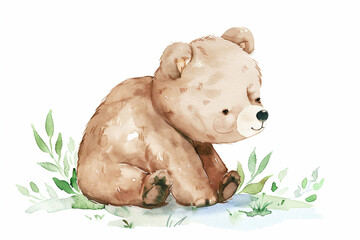 Canvas Print - Watercolor Cute Bear Sitting In Grass