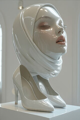 Sticker - A white sculpture of a woman wearing a head scarf.