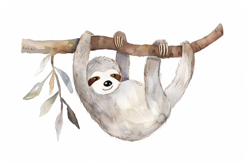 Canvas Print - Cute Watercolor Sloth Hanging on Branch