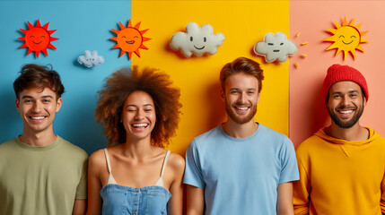Young people smiling and standing in front of colorful wall.