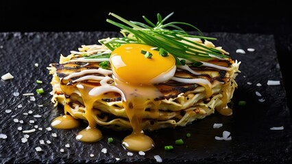 Wall Mural - Artisanal Egg Omelette with Okonomiyaki Fusion - A Harmonious Blend of Flavors on a Slate Plate