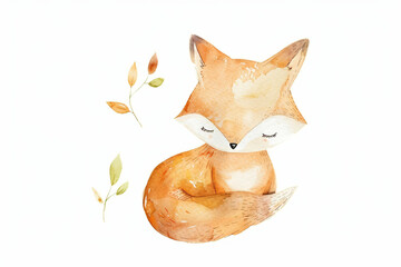 Poster - Watercolor Illustration of a Cute Fox with Closed Eyes and Autumn Leaves