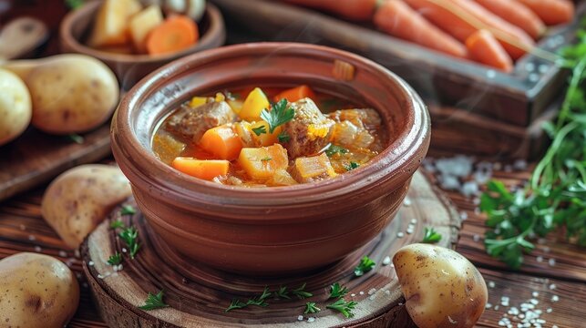 Rustic clay bowl filled with a hearty stew, surrounded by ingredients like carrots and potatoes generated by AI