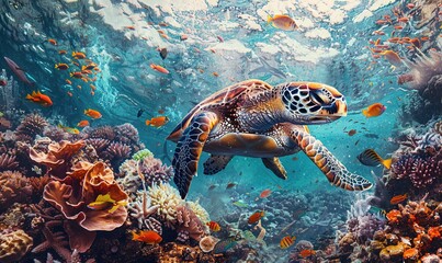 Canvas Print - Graceful sea turtle glide across the sea of bright colors of the underwater world ai generated