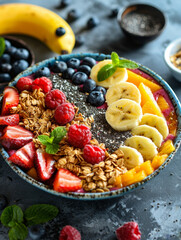 Wall Mural - Fresh and colorful fruit salad with strawberries and bananas in a bowl for a healthy snack or dessert