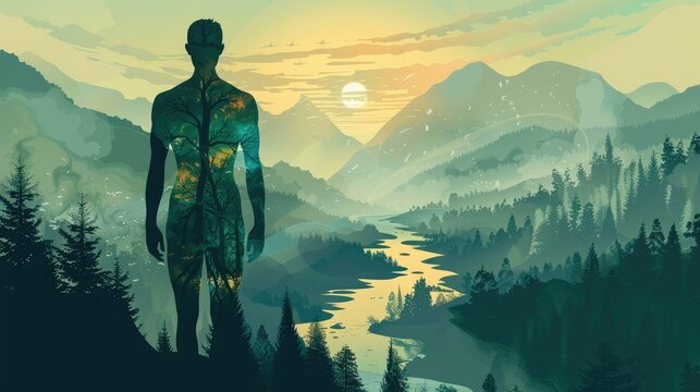 functioning of the human metaphor body with the functioning of nature in a senzillo scheme, which is very graphic, in an entire human silhouette, with rivers, trees and mountains AI generated