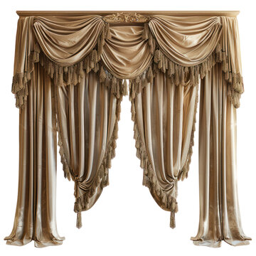 Elegant gold satin curtains with ornate swags and tassels, creating a luxurious and sophisticated window treatment, perfect for classy interiors. transparent backgrounds