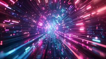 Wall Mural - Vibrant neon lines in dark space - Dynamic image featuring bright neon lines converging in the center against a dark space