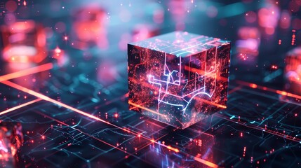 Wall Mural - Futuristic glowing cube on circuit board - A visually striking 3D-rendered image featuring a glowing cube with intricate circuitry on a digital motherboard