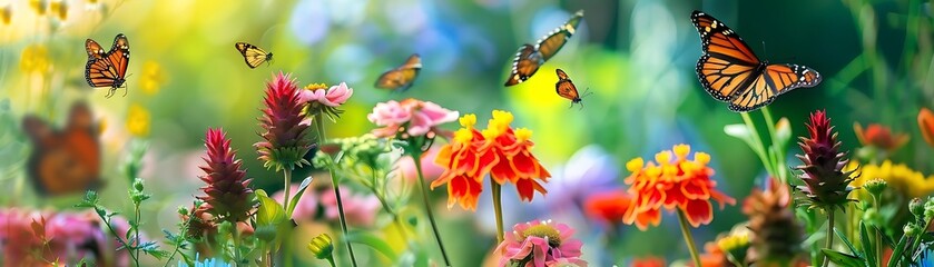 Wall Mural - a colorful array of flowers and butterflies, including orange, yellow, pink, and purple blooms, surround a vibrant orange and black butterfly