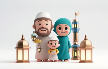 Happy Arab Muslim family sitting on the floor. Cartoon vector illustration isolated on white background.