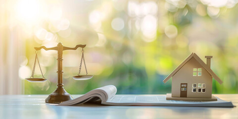 Scales balancing law and home represent the concept of justice in the legal system and Mortgage loan