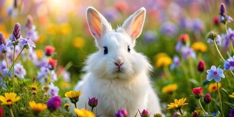 Close-up of a white rabbit with soft, fluffy fur sitting in a field of colorful wildflowers