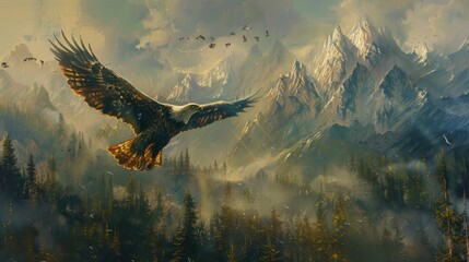 Oil painting artistic image of eagle flying in sky over forests and wilderness AI generated