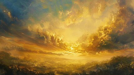 Wall Mural - A painting of a sun setting over a lake with mountains in the background