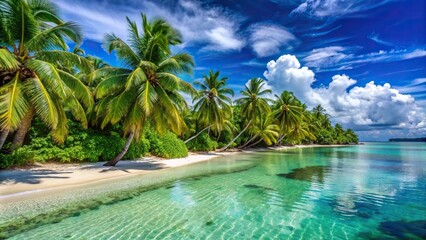 Tropical beach scenery with crystal clear water, white sand, and lush green palm trees