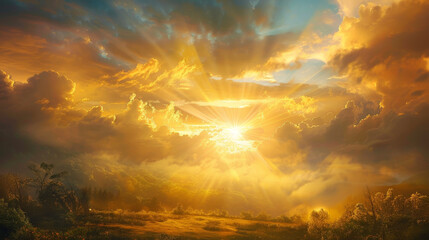 Wall Mural - The sky is filled with clouds and the sun is shining brightly