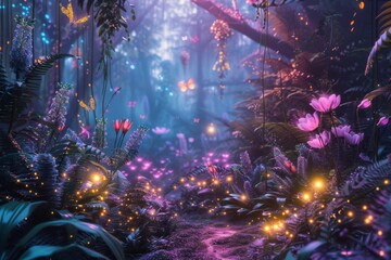 Wall Mural - A forest with many flowers and butterflies