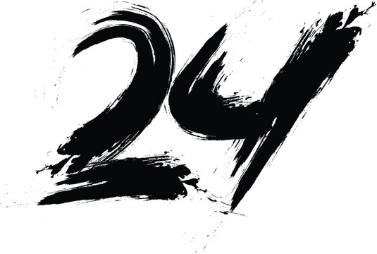 numbers 24 written with a brush vector, 24 Years Anniversary Celebration Vector Template, 24 number logo design, 24th birthday, Black Lettering Numbers brush drawing hand drawn sketch, black number