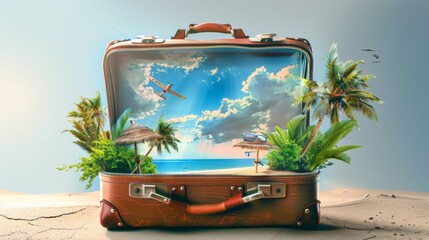 Wall Mural - A suitcase is opened to reveal a tropical scene with palm trees, a beach