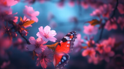 Sticker - A butterfly is resting on a pink flower