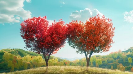 Wall Mural - two trees in the shape of a heart, realistic illustration, 4k, bright colours, peaceful landscape AI generated