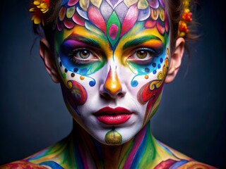 Wall Mural - Person with artistic face painting, face, paint, portrait, colorful, makeup, creativity, festival, mask, artistic, design, fantasy, culture, expression, whimsical, brush, unique, vibrant