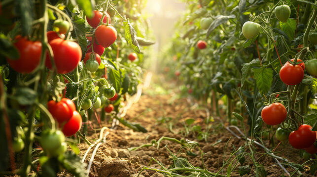 A row of red tomatoes hanging from a plant