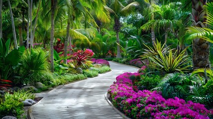 Wall Mural - a serene garden path adorned with vibrant purple and pink flowers
