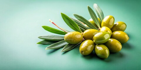Wall Mural - Green olives with leaves isolated on background , olives, green, leaves, isolated,background, healthy, Mediterranean, snack, food, organic, fresh, natural, ingredient, pickled, jar