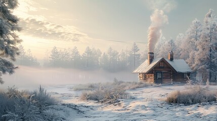 Wall Mural - An illustration of a winter cabin nestled in a snowy forest against a mountainous landscape serves as a captivating wallpaper with a natural background.