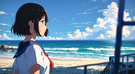 Wall Mural - Anime schoolgirl looking at the blue summer ocean, enjoying holiday at the beach.