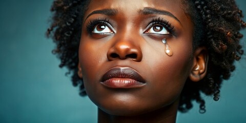 Beautiful young black woman with tears in her eyes looking up, beauty, emotion, sorrow, crying, sadness, African American, tears, despair, hope, alone, vulnerable, contemplative, distress