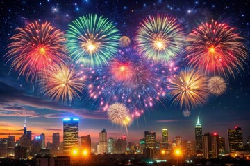 Wall Mural - Vibrant heart-shaped fireworks against urban skyline and starry sky , celebration, colorful, explosion, night, romantic, love, cityscape, festival, display, event, bright, multicolored