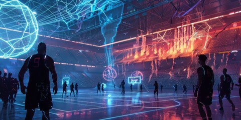 Wall Mural - Futuristic sports arena with athletes wearing suits that glow with electric energy generated by AI