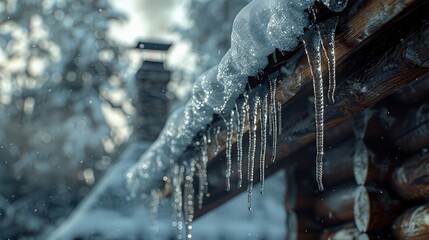 Wall Mural - An illustration of a winter cabin nestled in a snowy forest against a mountainous landscape serves as a captivating wallpaper with a natural background.