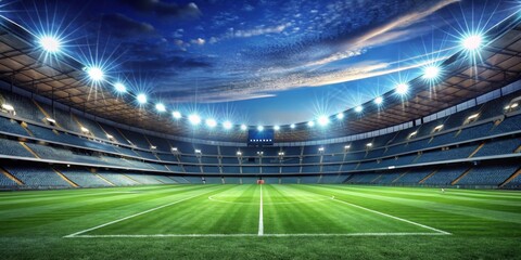 Wall Mural - Modern football stadium with green lawn and blue floodlight, nighttime background, football, stadium, sports, architecture, night, lights, large, modern, green, lawn, blue, floodlight, crowd