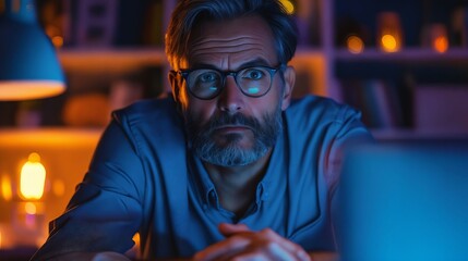 Wall Mural - A man in glasses looking at his laptop at night.