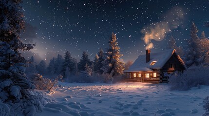 Wall Mural - An illustration of a winter cabin nestled in a snowy forest against a mountainous landscape serves as a captivating wallpaper with a natural background.