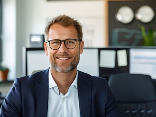 Wall Mural - Smiling businessman in office with glasses.