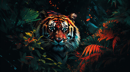 Digital illustration modern glitch art adventure with a tiger hide on leaves at jungle