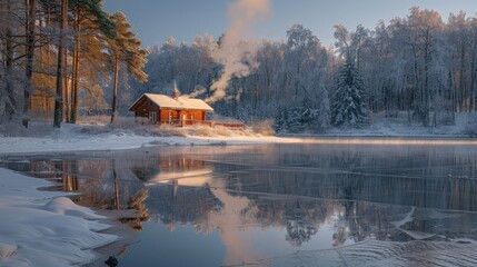 Wall Mural - An illustration of a winter cabin nestled in a snowy forest against a mountainous landscape serves as a captivating wallpaper with a natural background.