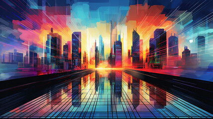 Wall Mural - digital illustration modern glitch art colorful futuristic city