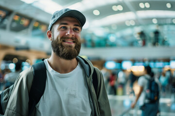 A young cheerful male traveler at a busy airport, looking optimistically towards his next destination with a bright smile and backpack, amidst the bustling terminal environment