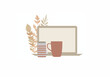 © Noble Nature - logo illustration vectorielle pour télétravail, bureau nomade. Ordinateur portable, laptop ouvert un mug et une cannette de soda à côté d'une plante verte. Travail à la maison, matériel portable